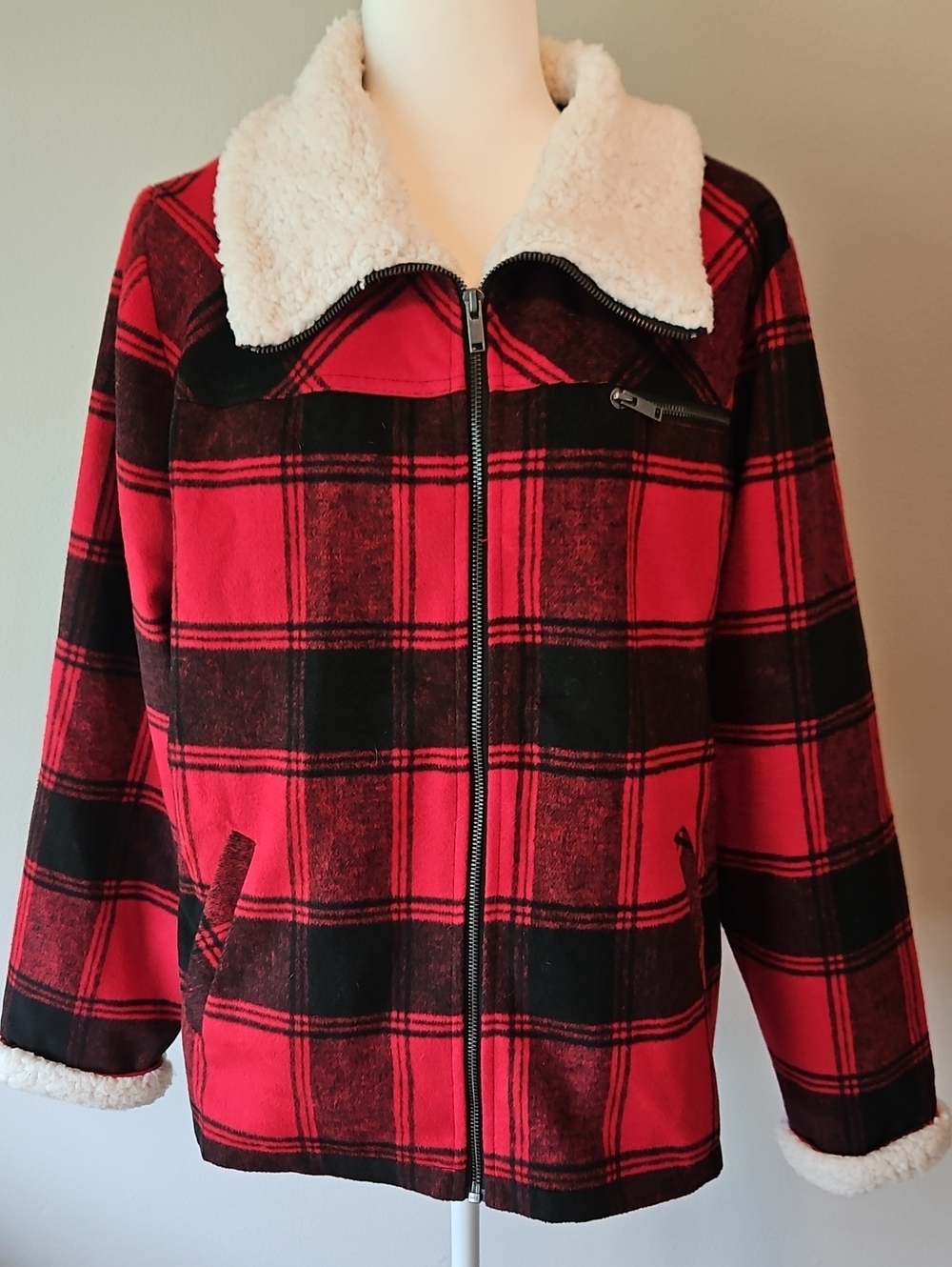 Maurices Red and Black Plaid Sherpa Collar Jacket